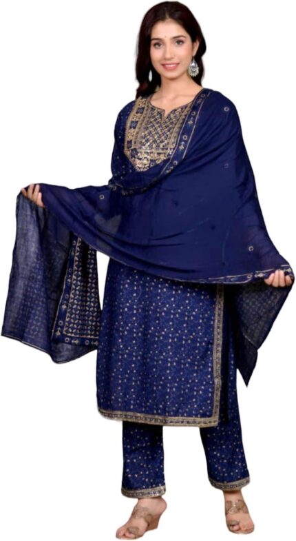 Blue Rayon Straight Kurti Set with Pant and Dupatta