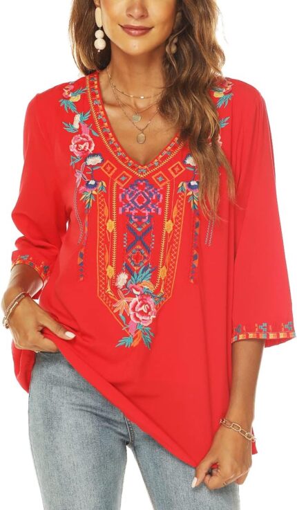 Boho Embroidered V-Neck Tunic Blouse
