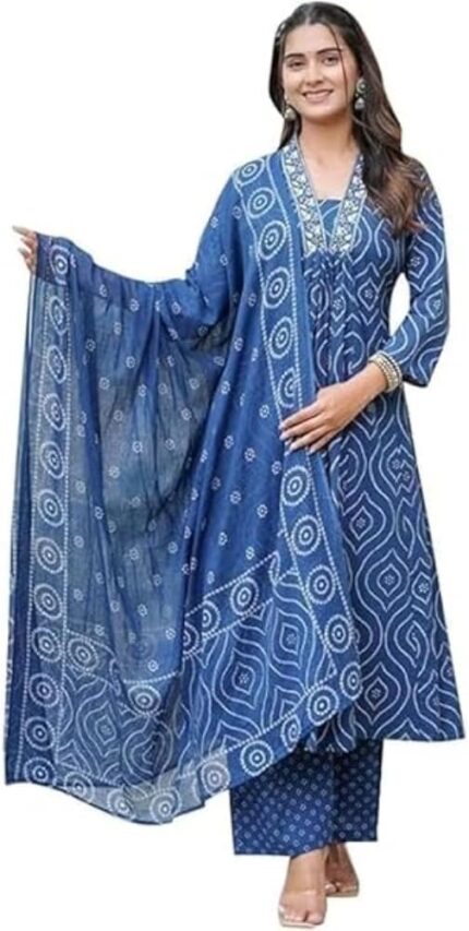 Cotton Anarkali Kurta, Pant and Dupatta Set