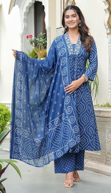Cotton Anarkali Kurta, Pant and Dupatta Set