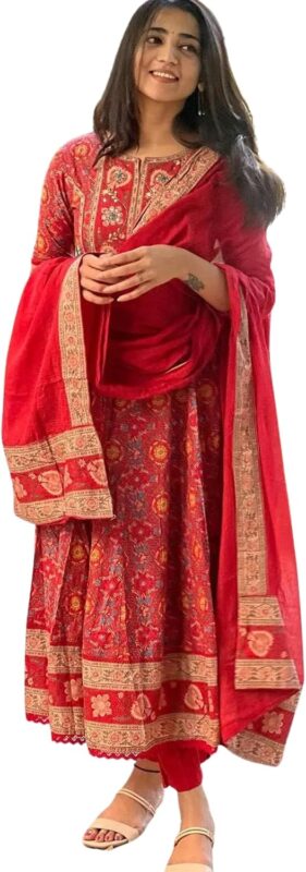 Cotton Anarkali Kurta Set with Pant and Dupatta — Red, White or Wine