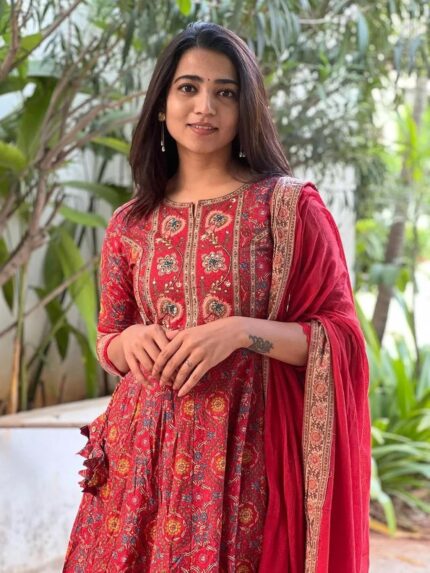 Cotton Anarkali Kurta Set with Pant and Dupatta — Red, White or Wine