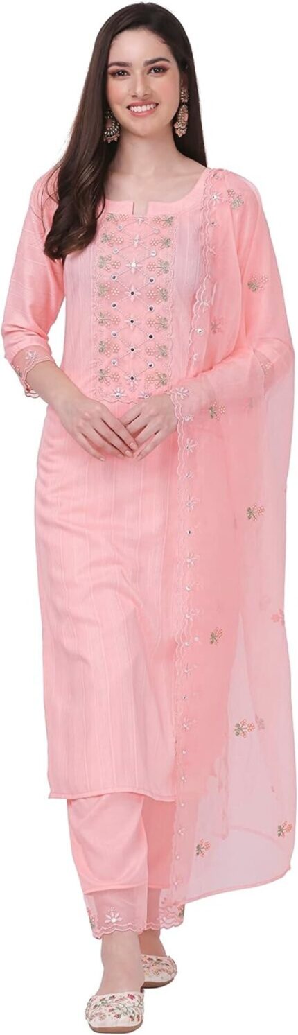 Cotton Embroidered Salwar Suit Set with Kurta, Pant and Dupatta