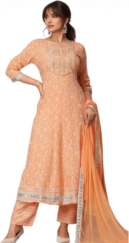 Floral Printed Cotton Anarkali Kurta Set with Pant and Dupatta