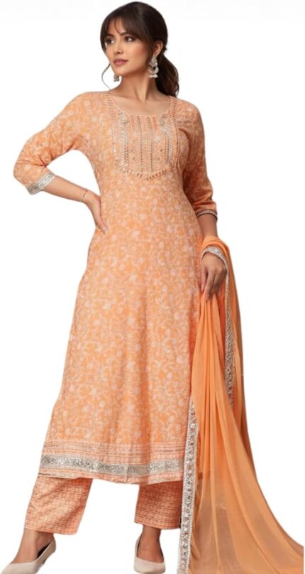 Floral Printed Cotton Anarkali Kurta Set with Pant and Dupatta