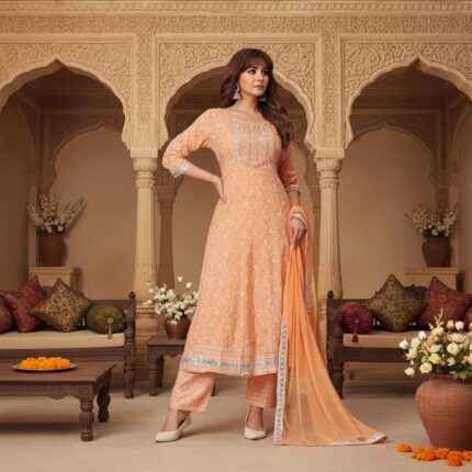 Floral Printed Cotton Anarkali Kurta Set with Pant and Dupatta