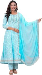 Floral Printed Cotton Anarkali Kurta Set with Pant and Dupatta