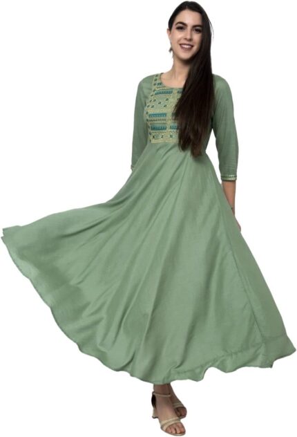 Green Rayon Anarkali Embroidered Kurti