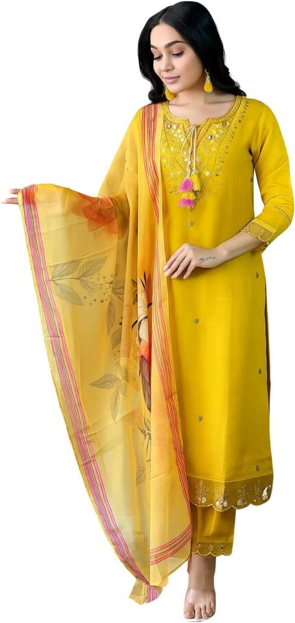 Mustard Chanderi Silk Embroidered Kurta, Pant and Dupatta Set