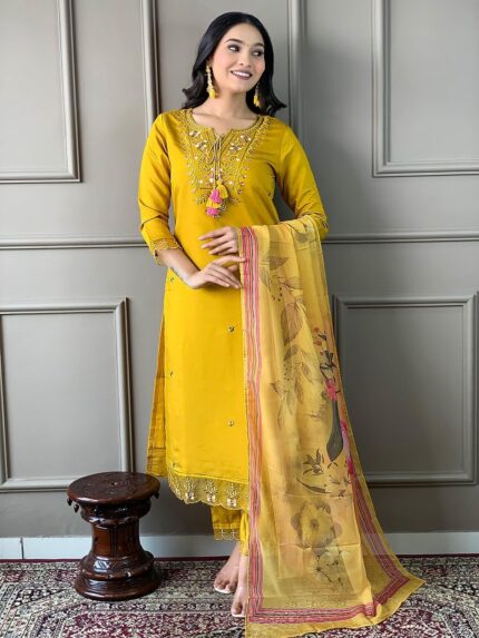 Mustard Chanderi Silk Embroidered Kurta, Pant and Dupatta Set