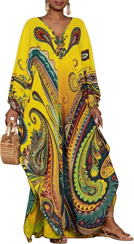 Paisley Print Kaftan Dress with Pockets