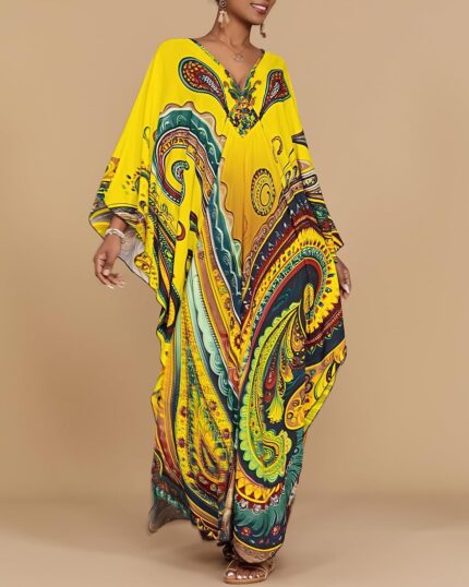 Paisley Print Kaftan Dress with Pockets