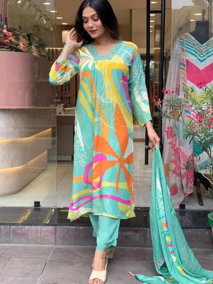 Printed Kurta Set with Pant and Dupatta — Muted Shade Range