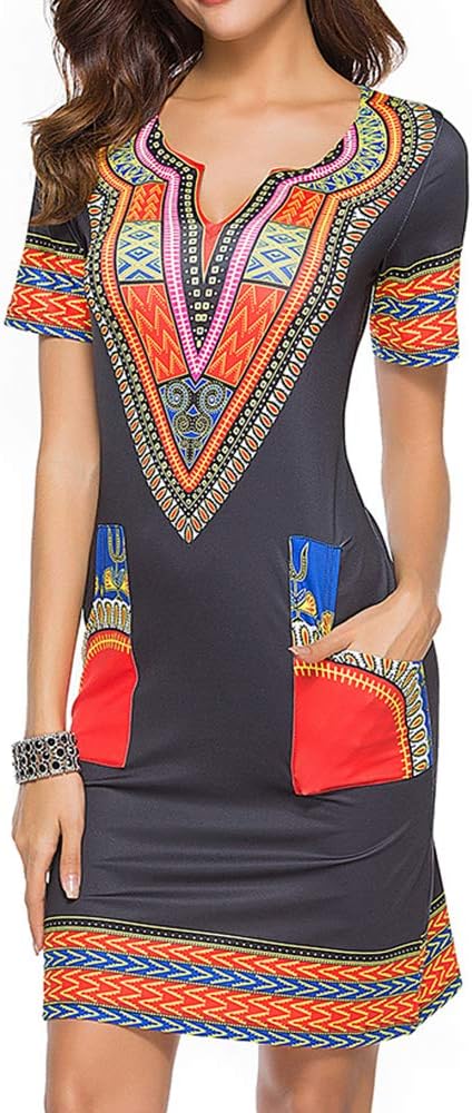 Printed Tribal-Motif Midi Dress with Short Sleeves