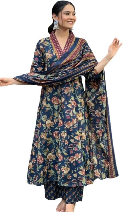 Rayon Blend Anarkali Printed Kurta with Palazzo and Dupatta