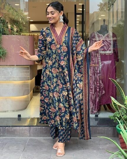 Rayon Blend Anarkali Printed Kurta with Palazzo and Dupatta