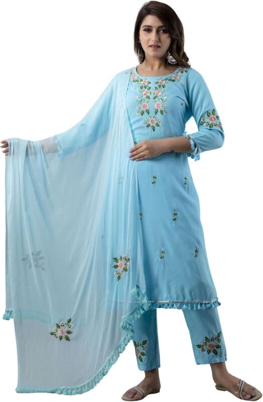 Rayon Straight Embroidered Kurti, Pant and Dupatta Set — Blue or Maroon