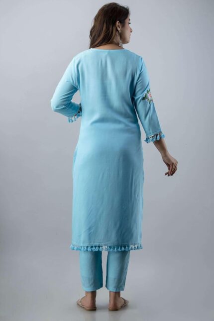 Rayon Straight Embroidered Kurti, Pant and Dupatta Set — Blue or Maroon