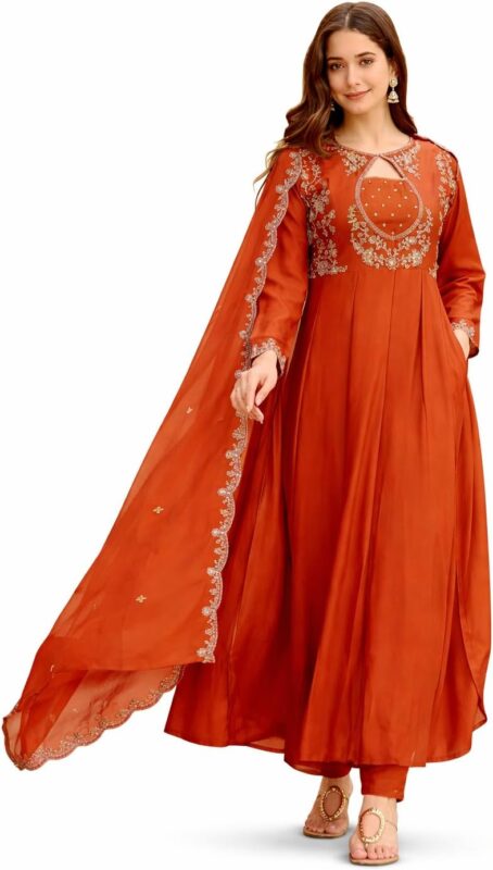 Rust Vichitra Silk Embroidered Kurta, Pant and Dupatta Set