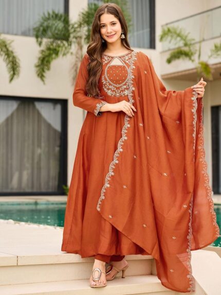 Rust Vichitra Silk Embroidered Kurta, Pant and Dupatta Set