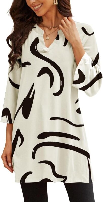 Three-Quarter Sleeve V-Neck Tunic Top with Side Slit