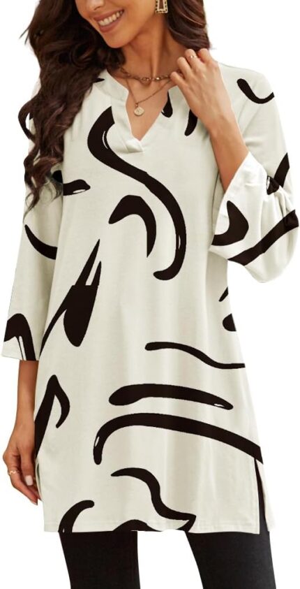 Three-Quarter Sleeve V-Neck Tunic Top with Side Slit
