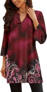Three-Quarter Sleeve V-Neck Tunic Top with Side Slit