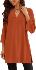 Three-Quarter Sleeve V-Neck Tunic Top with Side Slit