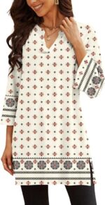 Three-Quarter Sleeve V-Neck Tunic Top with Side Slit