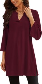 Three-Quarter Sleeve V-Neck Tunic Top with Side Slit
