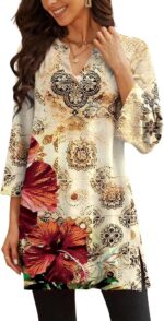 Three-Quarter Sleeve V-Neck Tunic Top with Side Slit