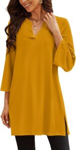 Three-Quarter Sleeve V-Neck Tunic Top with Side Slit