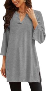 Three-Quarter Sleeve V-Neck Tunic Top with Side Slit
