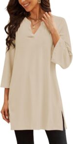 Three-Quarter Sleeve V-Neck Tunic Top with Side Slit