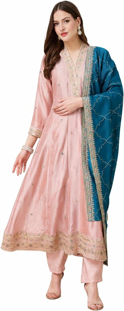 Vichitra Silk Embroidered Anarkali Salwar Suit Set — Pink