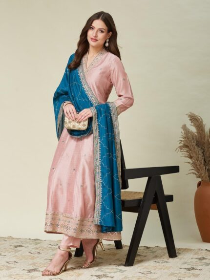 Vichitra Silk Embroidered Anarkali Salwar Suit Set — Pink