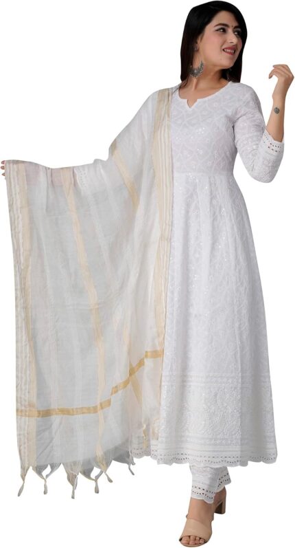 White Chikankari Cotton Anarkali Kurta Set with Pant and Dupatta
