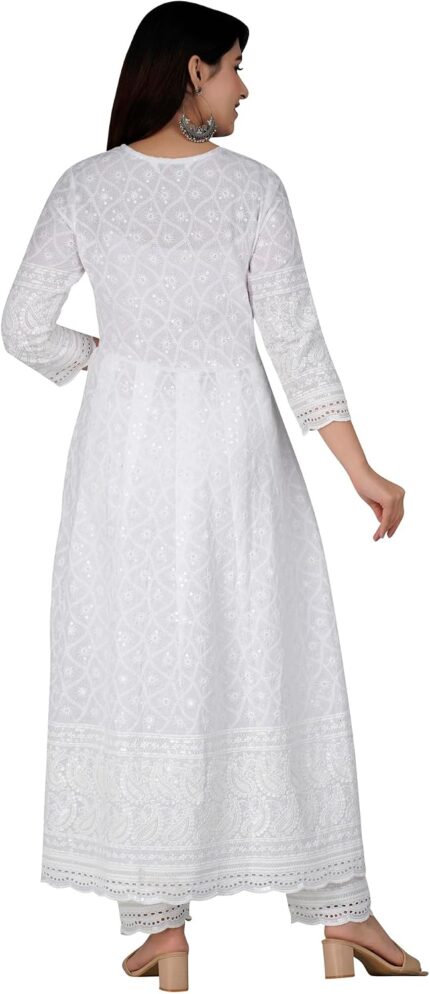 White Chikankari Cotton Anarkali Kurta Set with Pant and Dupatta
